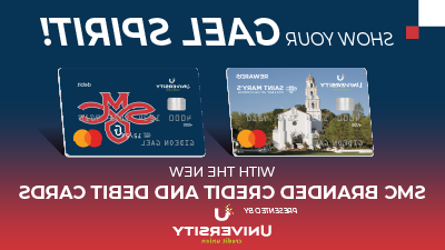 Graphic depicting Saint Mary's-branded credits cards, photo of the chapel and athletics logo